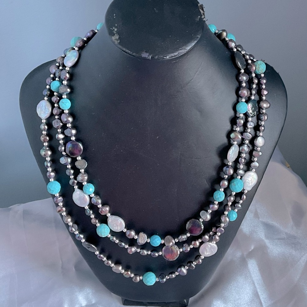 Triple strand Multi Stone Turquoise and Black Pearl necklace by Doghouse Pearls